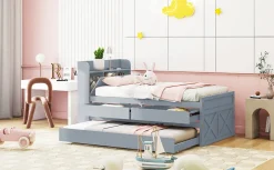 Redom Lit simple 90x190 cm en pin massif avec sommier tiroir table de chevet étagères port USB gris