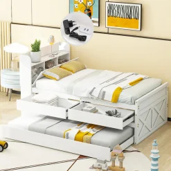 ProximaX Lit simple 90x190 cm en pin massif blanc avec tiroir coulissant, sommier et table de chevet USB, Lit multifonction ado/invité