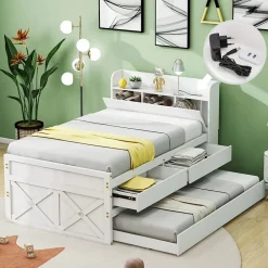 ProximaX Lit simple 90x190 cm en pin massif blanc avec tiroir coulissant, sommier et table de chevet USB, Lit multifonction ado/invité