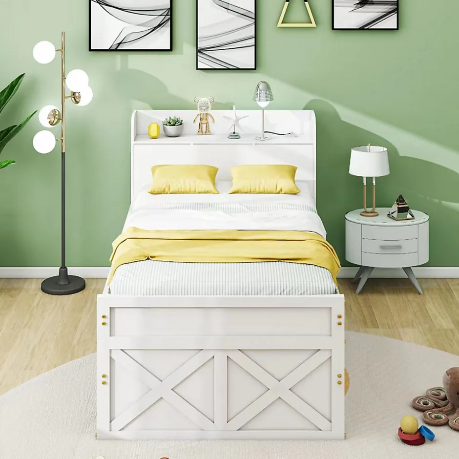 ProximaX Lit simple 90x190 cm en pin massif blanc avec tiroir coulissant, sommier et table de chevet USB, Lit multifonction ado/invité