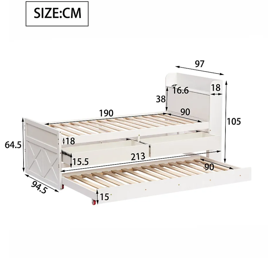 ProximaX Lit simple 90x190 cm en pin massif blanc avec tiroir coulissant, sommier et table de chevet USB, Lit multifonction ado/invité