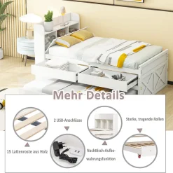 ProximaX Lit simple 90x190 cm en pin massif blanc avec tiroir coulissant, sommier et table de chevet USB, Lit multifonction ado/invité