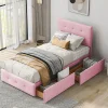 ProximaX Lit simple 90x200 cm en velours beige avec sommier et 2 tiroirs, lit plat pour enfants, adolescents ou invités, rose