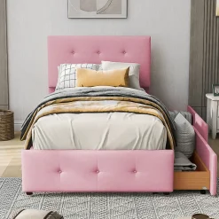 ProximaX Lit simple 90x200 cm en velours beige avec sommier et 2 tiroirs, lit plat pour enfants, adolescents ou invités, rose