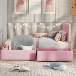 ProximaX Lit simple 90x200 cm en velours beige avec sommier et 2 tiroirs, lit plat pour enfants, adolescents ou invités, rose