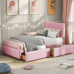 ProximaX Lit simple 90x200 cm en velours beige avec sommier et 2 tiroirs, lit plat pour enfants, adolescents ou invités, rose