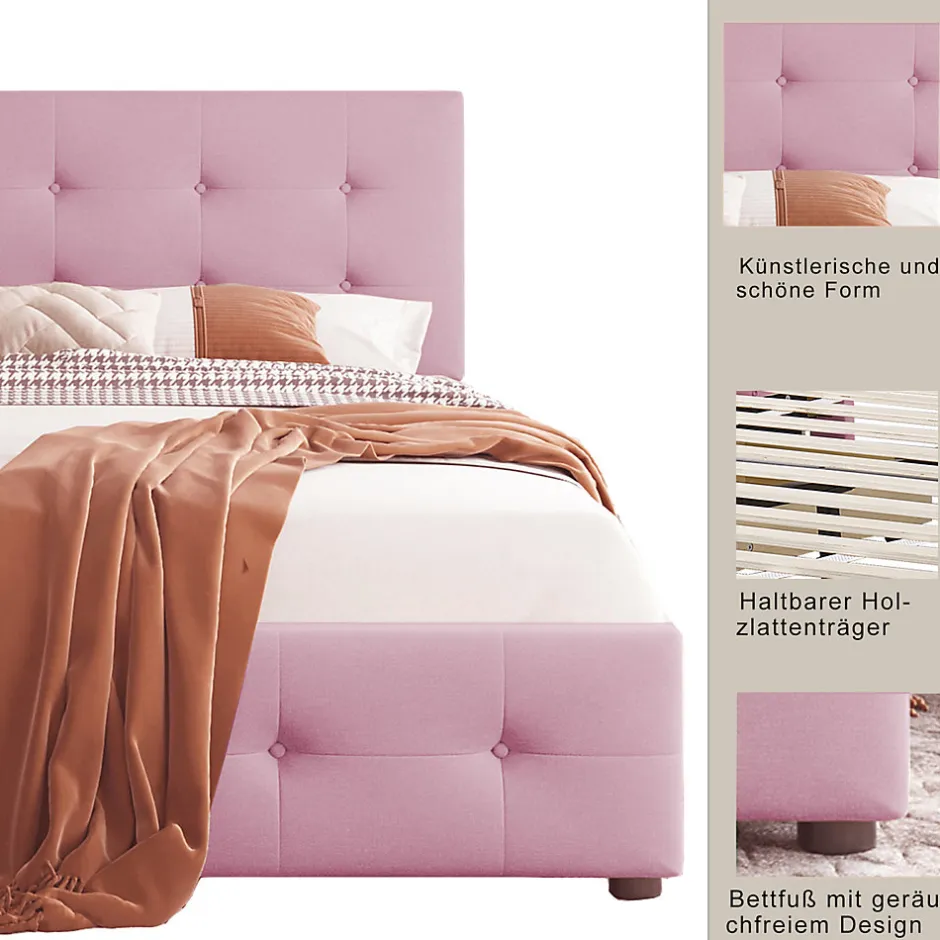 ProximaX Lit simple 90x200 cm en velours beige avec sommier et 2 tiroirs, lit plat pour enfants, adolescents ou invités, rose