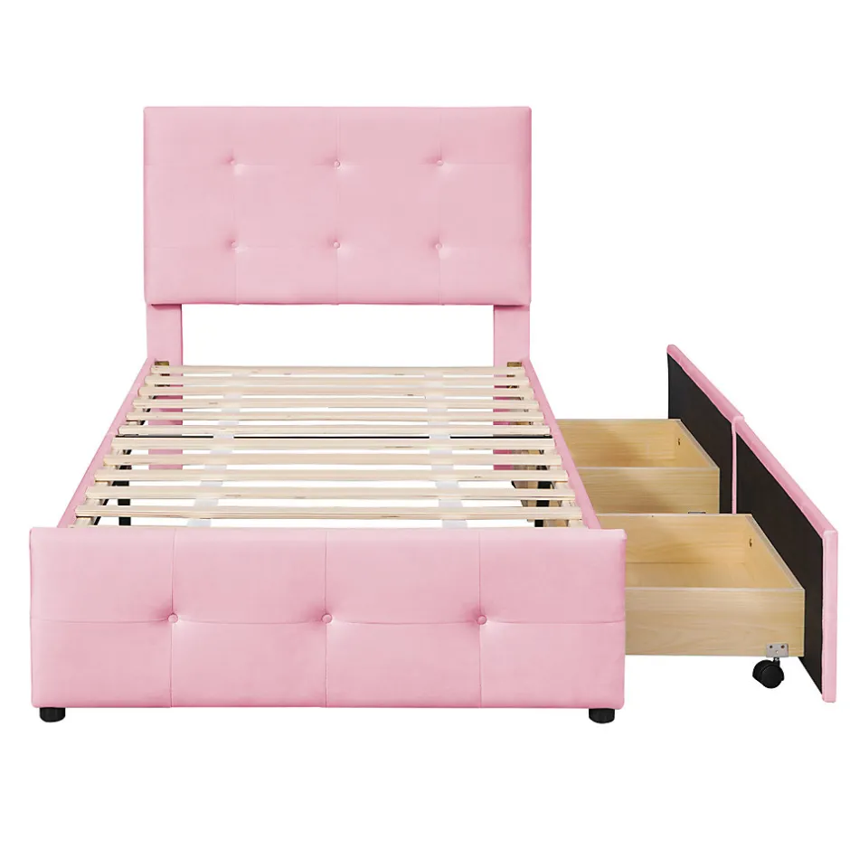 ProximaX Lit simple 90x200 cm en velours beige avec sommier et 2 tiroirs, lit plat pour enfants, adolescents ou invités, rose