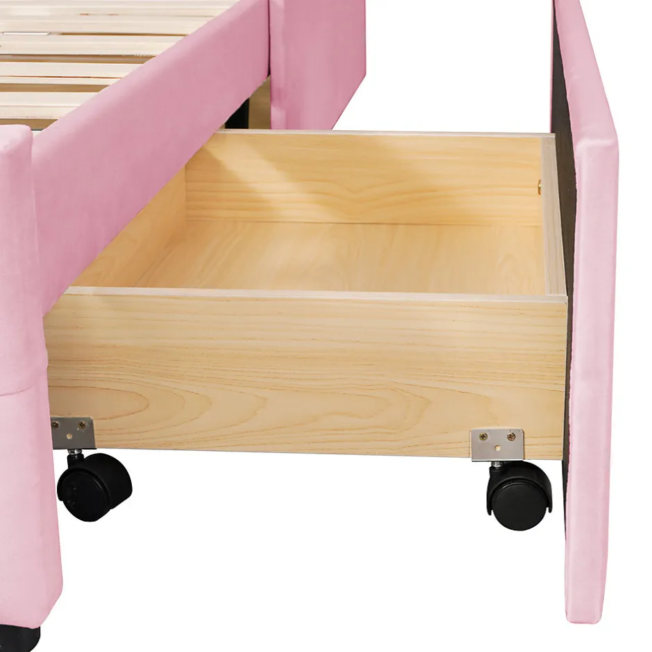 ProximaX Lit simple 90x200 cm en velours beige avec sommier et 2 tiroirs, lit plat pour enfants, adolescents ou invités, rose
