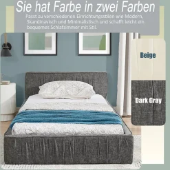 Okwish Lit Simple 90x200 cm enfant Capitonné, Tête de Lit, Structure Bois d'Eucalyptus Métal, Chenille Doux, Gris Foncé, Sans Matelas Hot