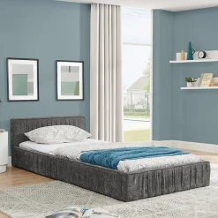 Okwish Lit Simple 90x200 cm enfant Capitonné, Tête de Lit, Structure Bois d'Eucalyptus Métal, Chenille Doux, Gris Foncé, Sans Matelas Hot