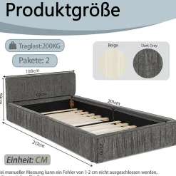 Okwish Lit Simple 90x200 cm enfant Capitonné, Tête de Lit, Structure Bois d'Eucalyptus Métal, Chenille Doux, Gris Foncé, Sans Matelas Hot
