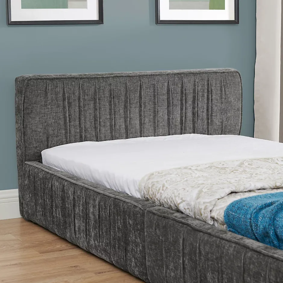 Okwish Lit Simple 90x200 cm enfant Capitonné, Tête de Lit, Structure Bois d'Eucalyptus Métal, Chenille Doux, Gris Foncé, Sans Matelas Hot