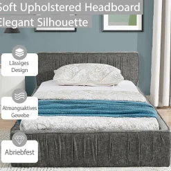 Okwish Lit Simple 90x200 cm enfant Capitonné, Tête de Lit, Structure Bois d'Eucalyptus Métal, Chenille Doux, Gris Foncé, Sans Matelas Hot