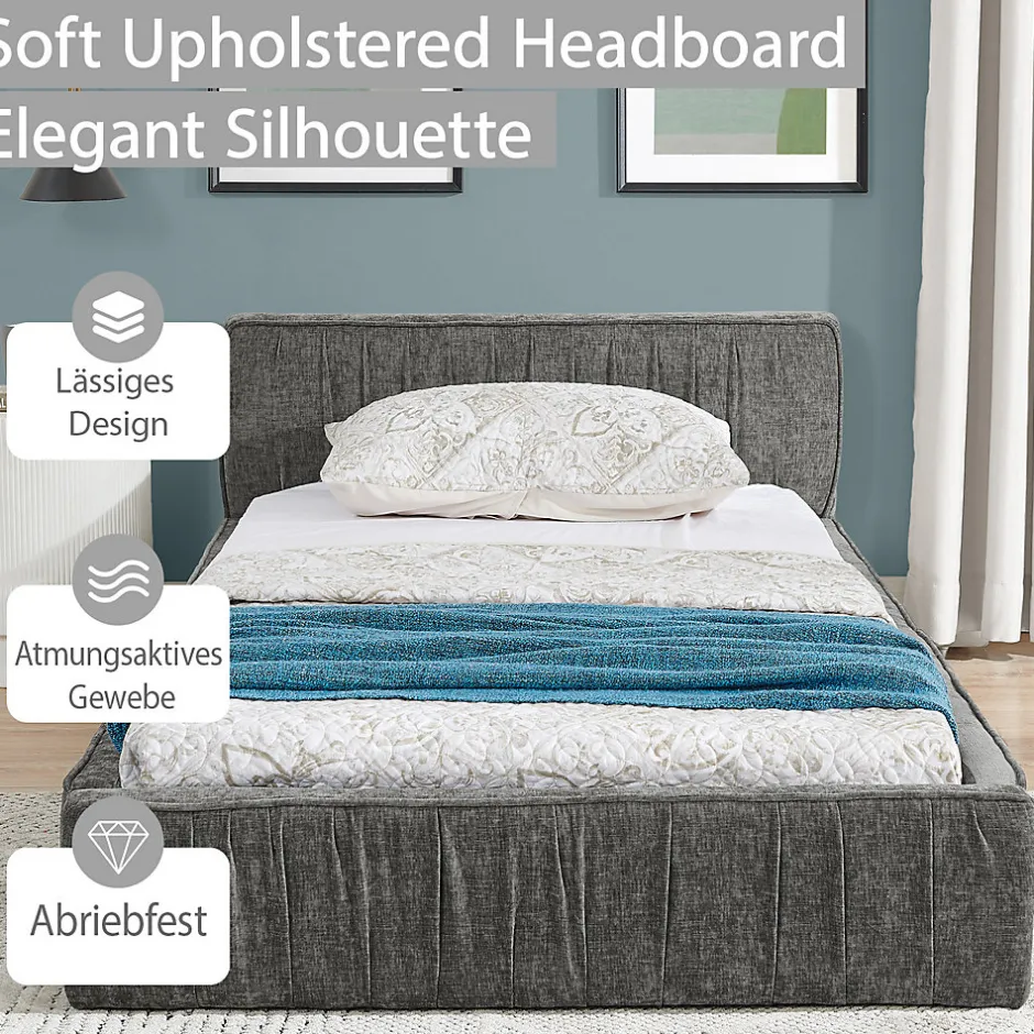 Okwish Lit Simple 90x200 cm enfant Capitonné, Tête de Lit, Structure Bois d'Eucalyptus Métal, Chenille Doux, Gris Foncé, Sans Matelas Hot