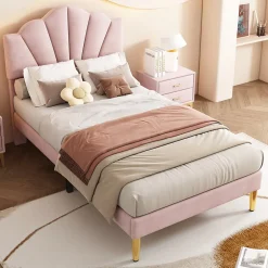 Okwish Lit simple 90x200 cm, Lit Capitonné avec Tête de Lit Coquillage Réglable et Pieds Dorés - Rose, Sans Matelas Online