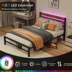 Okwish Lit Simple 120x200 cm, Lit Métal Ado Vintage avec LED et USB, Sans Matelas, MDF et Métal, Noir/Brun