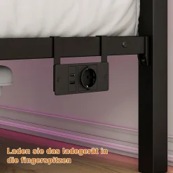 Okwish Lit Simple 120x200 cm, Lit Métal Ado Vintage avec LED et USB, Sans Matelas, MDF et Métal, Noir/Brun