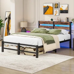 Okwish Lit Simple 120x200 cm, Lit Métal Ado avec Éclairage LED et Prises USB, Rangement dessous, Sans Matelas, Métal et Bois, Noir, Brun