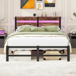 Okwish Lit Simple 120x200 cm, Lit Métal Ado avec Éclairage LED et Prises USB, Rangement dessous, Sans Matelas, Métal et Bois, Noir, Brun