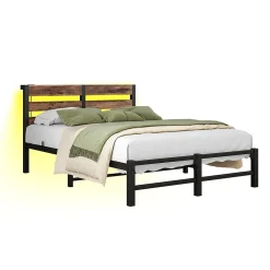 Okwish Lit Simple 120x200 cm, Lit Métal Ado avec Éclairage LED et Prises USB, Rangement dessous, Sans Matelas, Métal et Bois, Noir, Brun