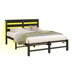 Okwish Lit Simple 120x200 cm, Lit Métal Ado avec Éclairage LED et Prises USB, Rangement dessous, Sans Matelas, Métal et Bois, Noir