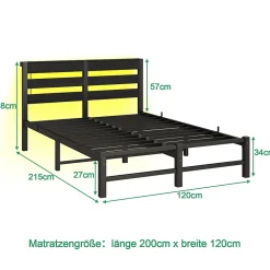 Okwish Lit Simple 120x200 cm, Lit Métal Ado avec Éclairage LED et Prises USB, Rangement dessous, Sans Matelas, Métal et Bois, Noir