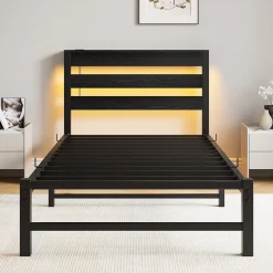 Okwish Lit Simple 90x200 cm, Lit Métal Ado avec Éclairage LED et Prises USB, Rangement dessous, Sans Matelas, Métal et Bois, Noir Clearance
