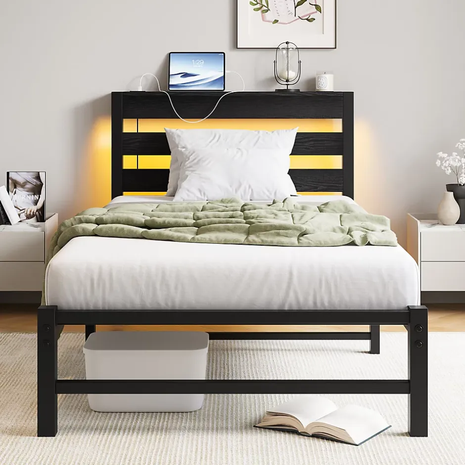 Okwish Lit Simple 90x200 cm, Lit Métal Ado avec Éclairage LED et Prises USB, Rangement dessous, Sans Matelas, Métal et Bois, Noir Clearance