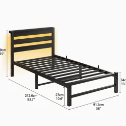 Okwish Lit Simple 90x200 cm, Lit Métal Ado avec Éclairage LED et Prises USB, Rangement dessous, Sans Matelas, Métal et Bois, Noir Clearance