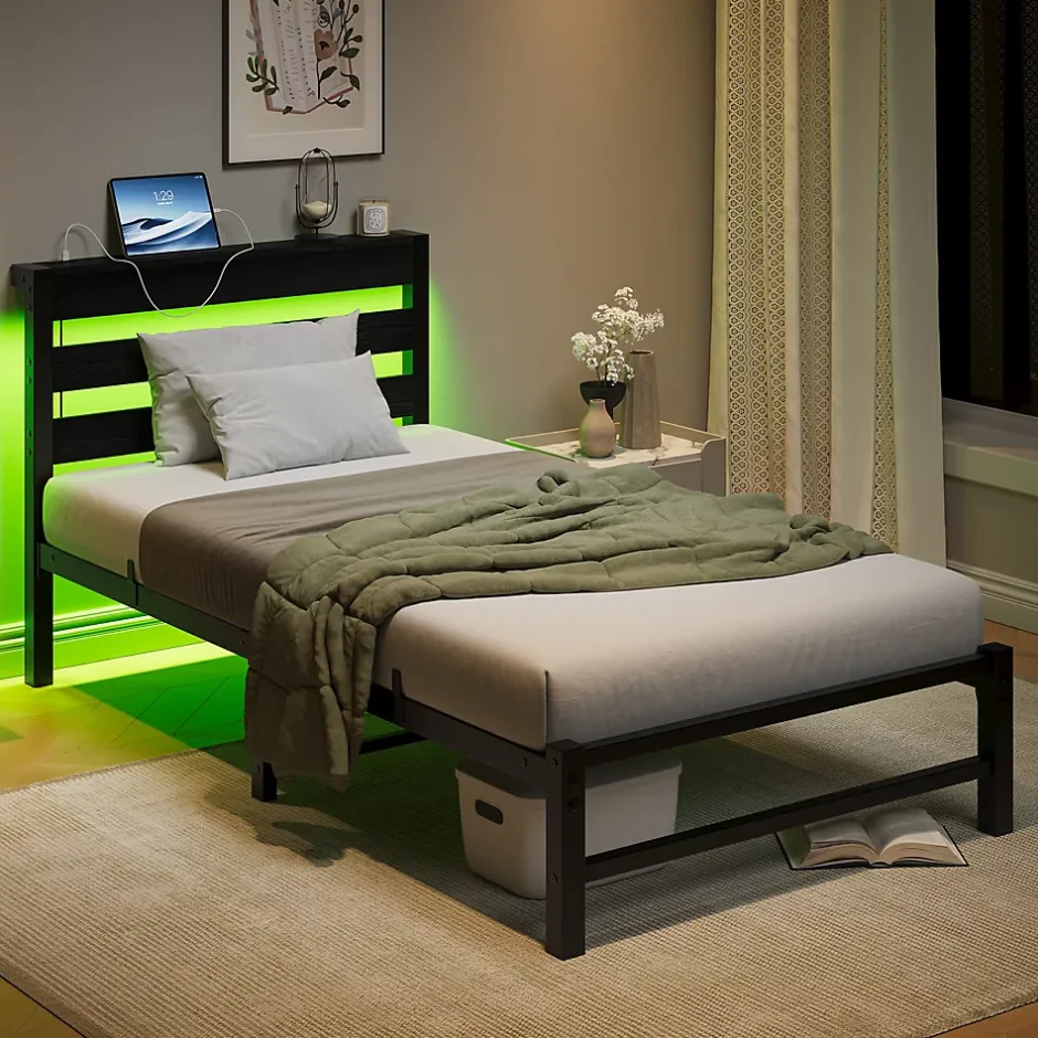 Okwish Lit Simple 90x200 cm, Lit Métal Ado avec Éclairage LED et Prises USB, Rangement dessous, Sans Matelas, Métal et Bois, Noir Clearance