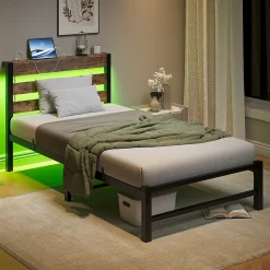 Okwish Lit Simple 90x200 cm, Lit Métal Ado avec Éclairage LED et Prises USB, Rangement dessous, Sans Matelas, Métal et Bois, Noir, Brun
