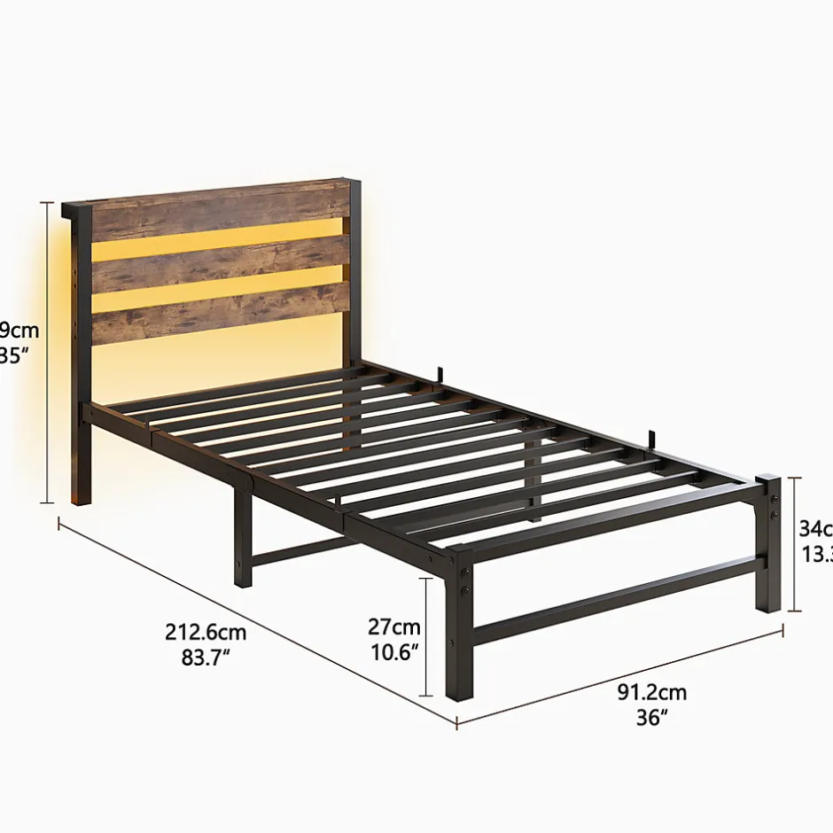 Okwish Lit Simple 90x200 cm, Lit Métal Ado avec Éclairage LED et Prises USB, Rangement dessous, Sans Matelas, Métal et Bois, Noir, Brun