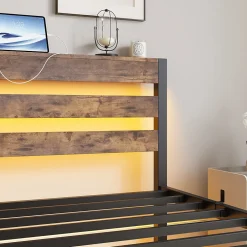 Okwish Lit Simple 90x200 cm, Lit Métal Ado avec Éclairage LED et Prises USB, Rangement dessous, Sans Matelas, Métal et Bois, Noir, Brun