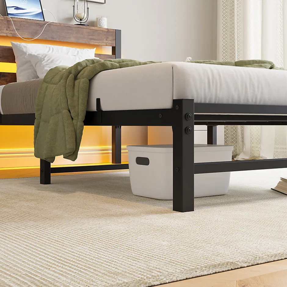 Okwish Lit Simple 90x200 cm, Lit Métal Ado avec Éclairage LED et Prises USB, Rangement dessous, Sans Matelas, Métal et Bois, Noir, Brun