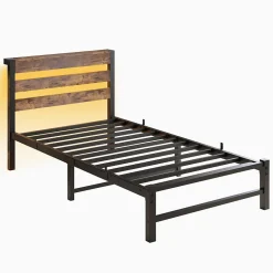 Okwish Lit Simple 90x200 cm, Lit Métal Ado avec Éclairage LED et Prises USB, Rangement dessous, Sans Matelas, Métal et Bois, Noir, Brun