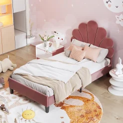 ProximaX Lit simple 90x200 cm rouge, rembourré velours, tête fleur, sommier à lattes, cadre stable, idéal pour enfant Hot