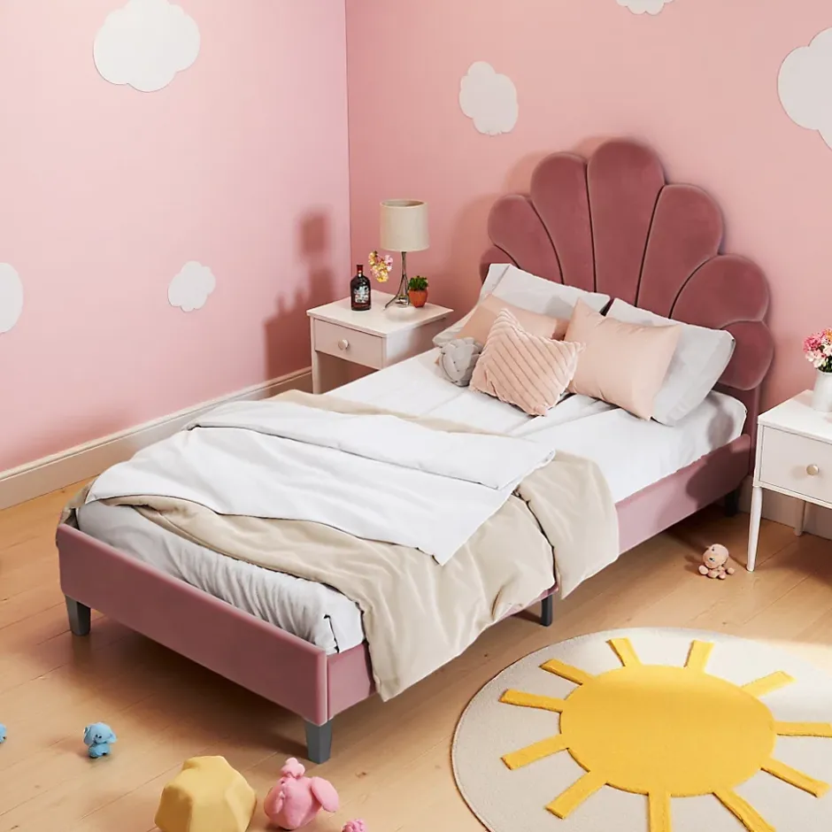 ProximaX Lit simple 90x200 cm rouge, rembourré velours, tête fleur, sommier à lattes, cadre stable, idéal pour enfant Hot