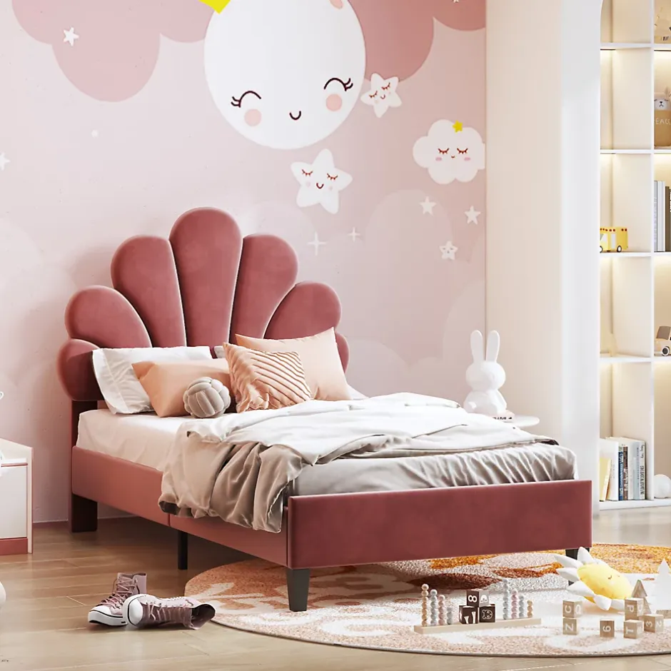 ProximaX Lit simple 90x200 cm rouge, rembourré velours, tête fleur, sommier à lattes, cadre stable, idéal pour enfant Hot
