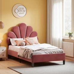 ProximaX Lit simple 90x200 cm rouge, rembourré velours, tête fleur, sommier à lattes, cadre stable, idéal pour enfant Hot