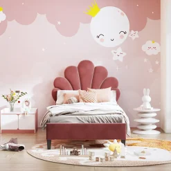 ProximaX Lit simple 90x200 cm rouge, rembourré velours, tête fleur, sommier à lattes, cadre stable, idéal pour enfant Hot