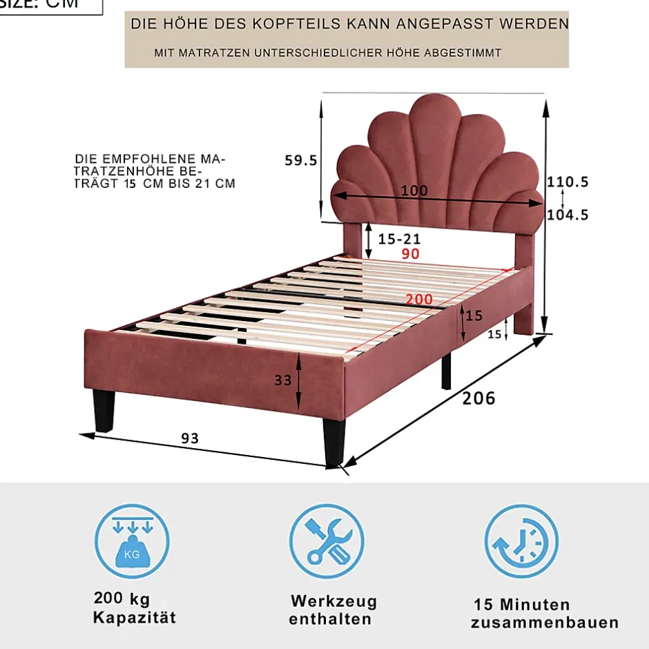 ProximaX Lit simple 90x200 cm rouge, rembourré velours, tête fleur, sommier à lattes, cadre stable, idéal pour enfant Hot