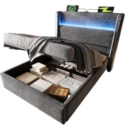 Blackcolors Lit simple 90x200 cm, tête haute, LED/USB, hydraulique, lin - gris New