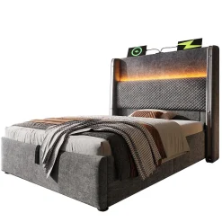 Blackcolors Lit simple 90x200 cm, tête haute, LED/USB, hydraulique, lin - gris New