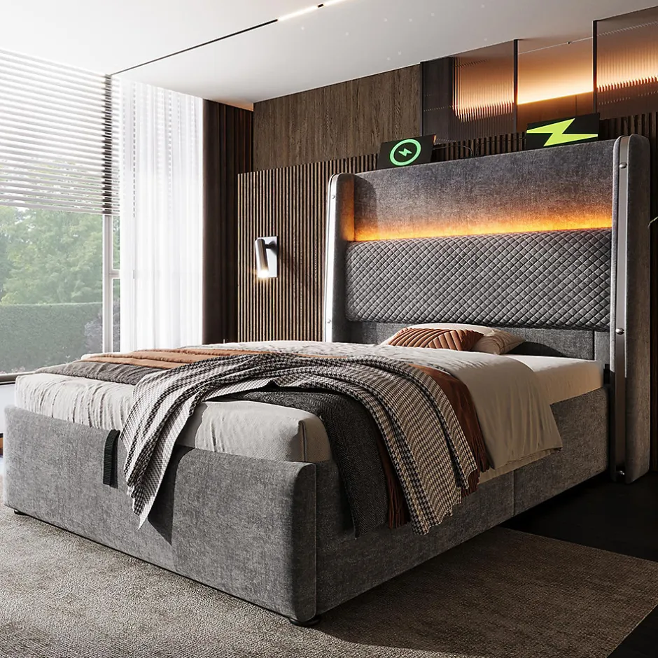 Blackcolors Lit simple 90x200 cm, tête haute, LED/USB, hydraulique, lin - gris New