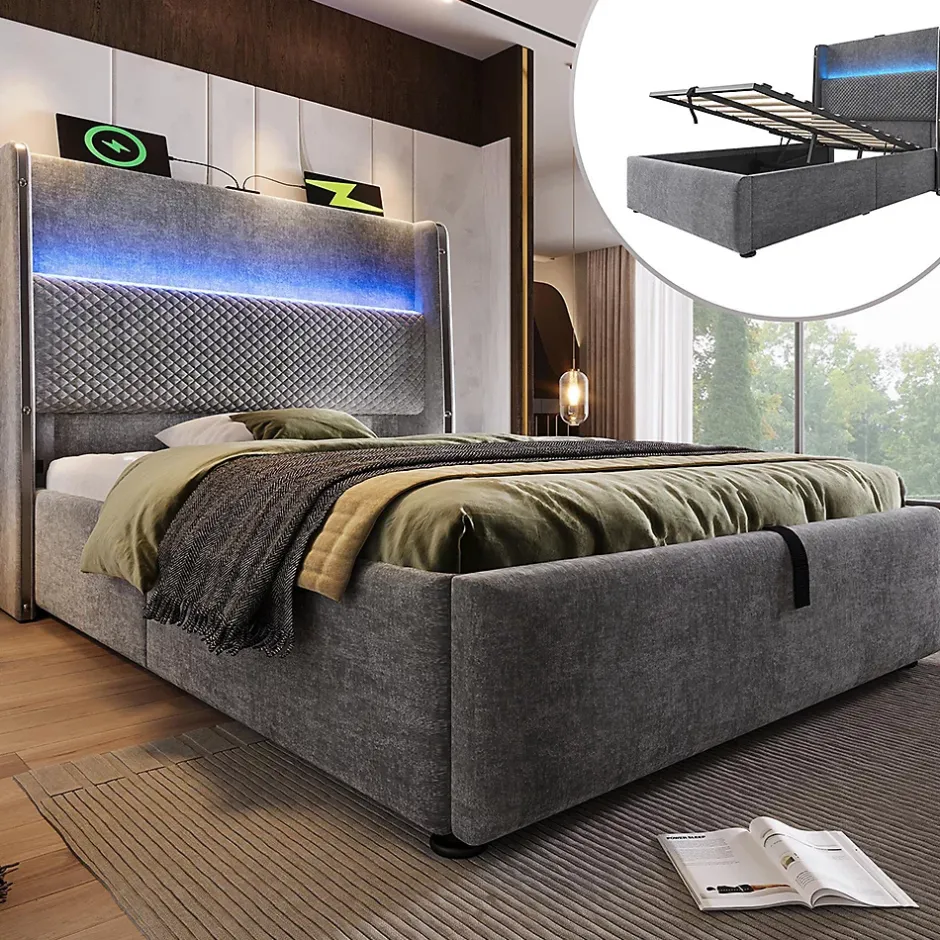 Blackcolors Lit simple 90x200 cm, tête haute, LED/USB, hydraulique, lin - gris New