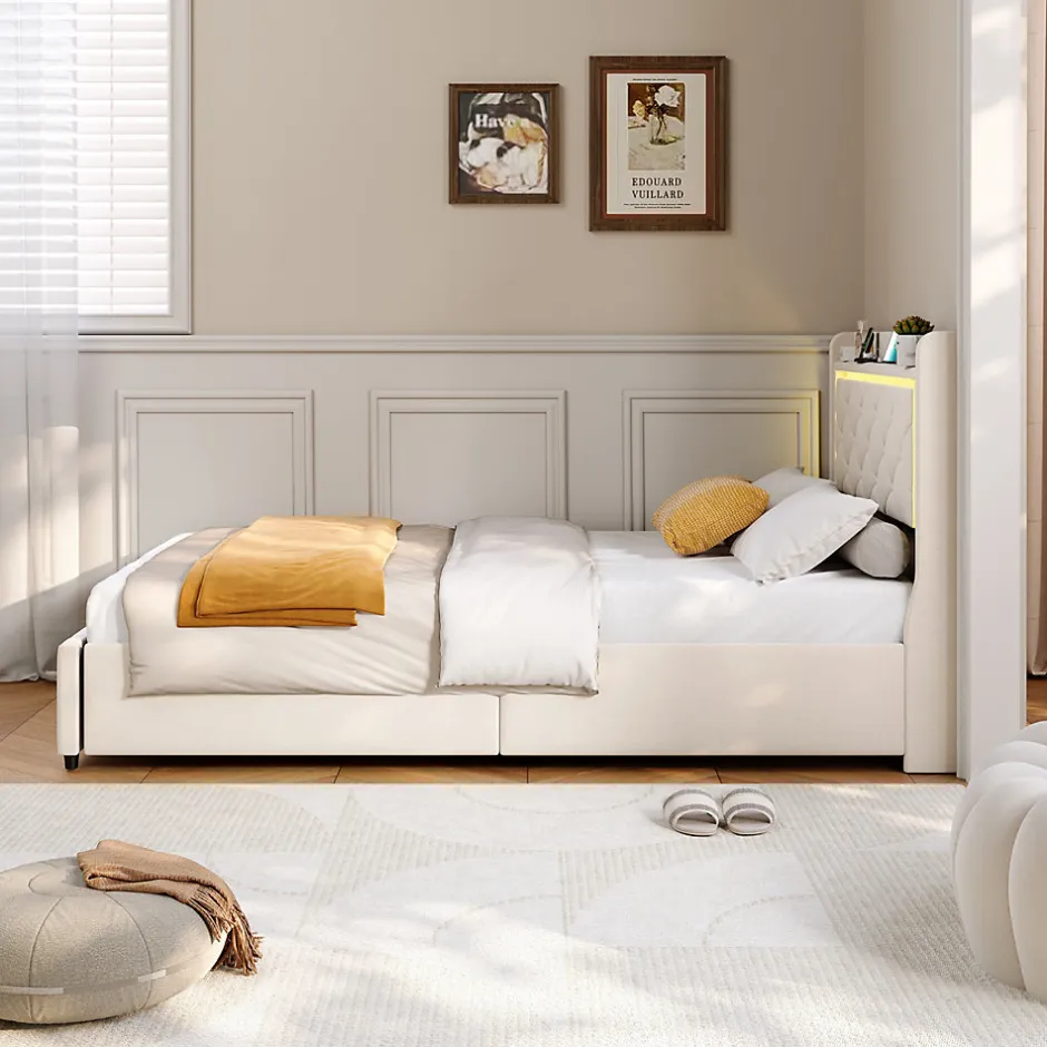 ProximaX Lit simple 90x200 cm velours beige avec tiroirs, rangement tête et lit à gaz, LED, ports USB et Type-C, design moderne