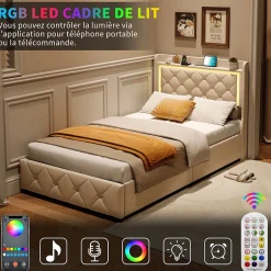 ProximaX Lit simple 90x200 cm velours beige avec tiroirs, rangement tête et lit à gaz, LED, ports USB et Type-C, design moderne