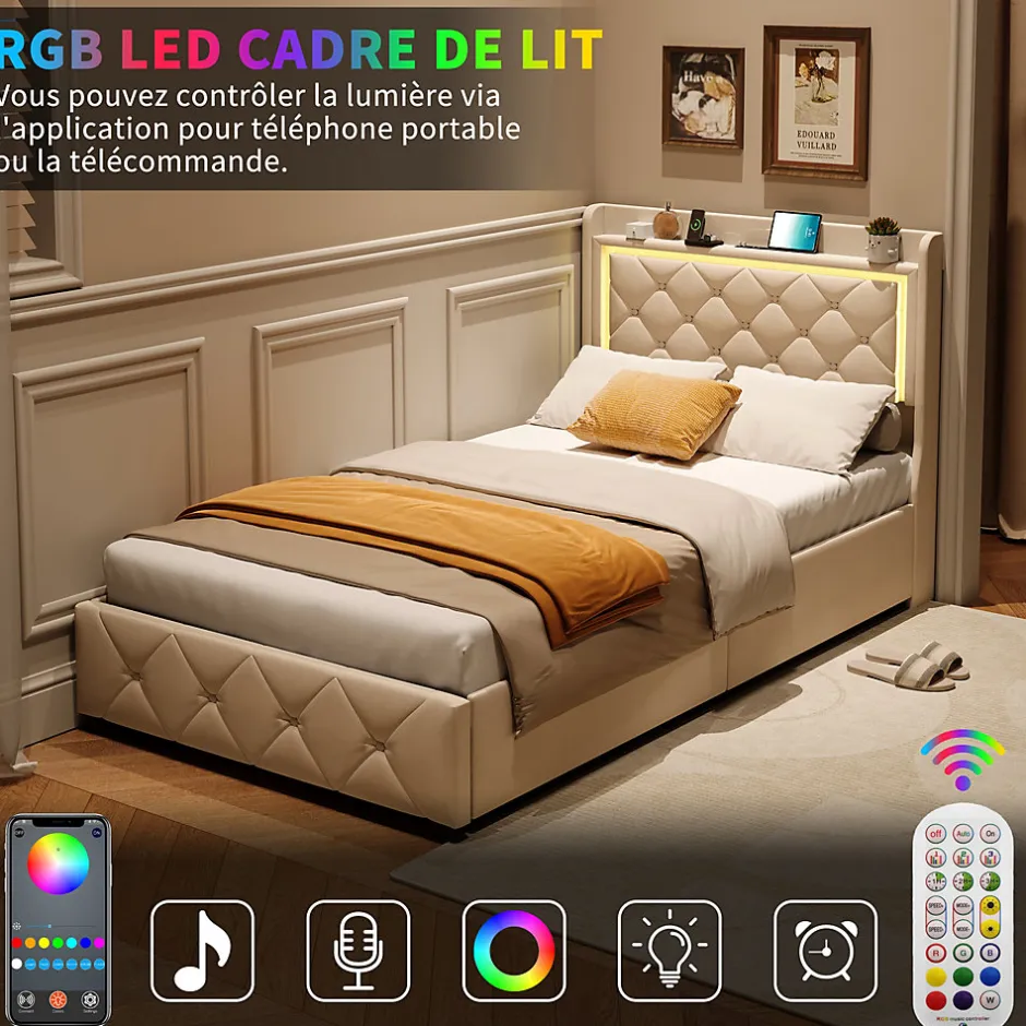 ProximaX Lit simple 90x200 cm velours beige avec tiroirs, rangement tête et lit à gaz, LED, ports USB et Type-C, design moderne
