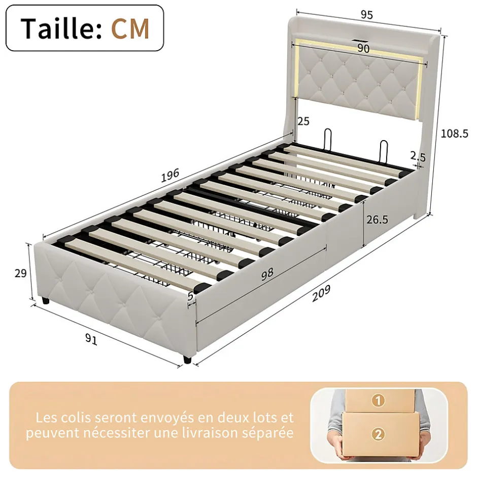 ProximaX Lit simple 90x200 cm velours beige avec tiroirs, rangement tête et lit à gaz, LED, ports USB et Type-C, design moderne